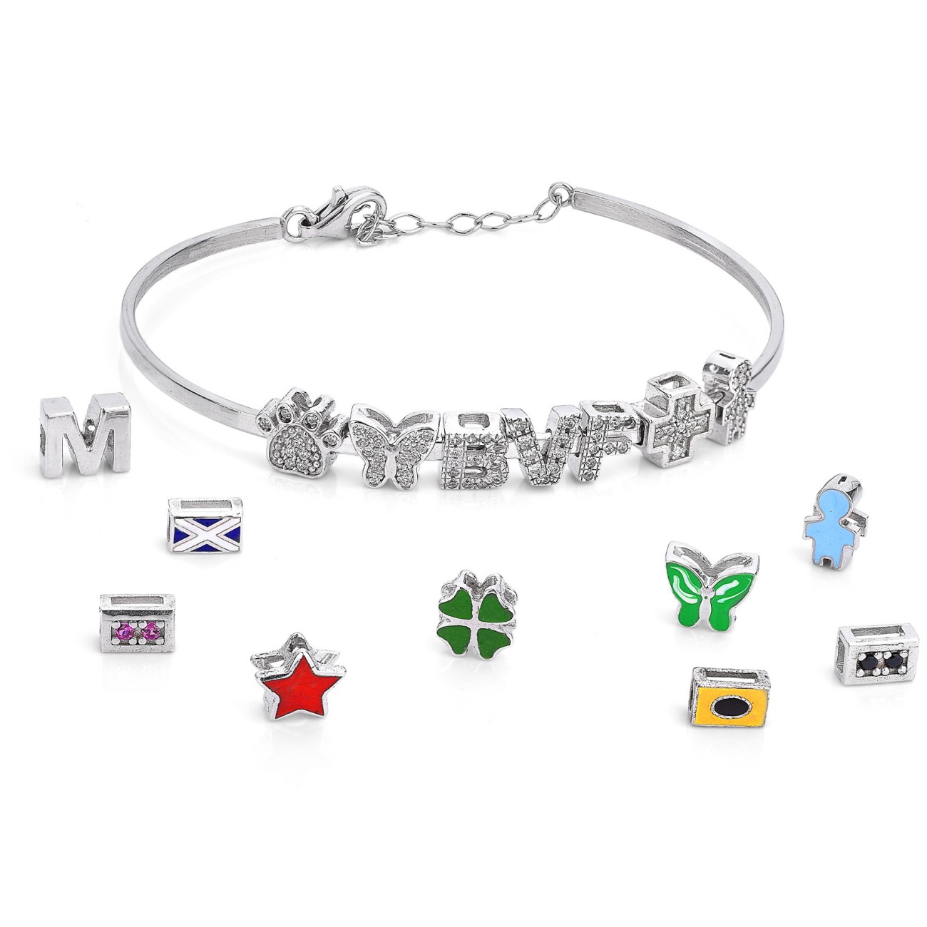 Bracciale Componibile in Argento Rigido con lettere, numeri
