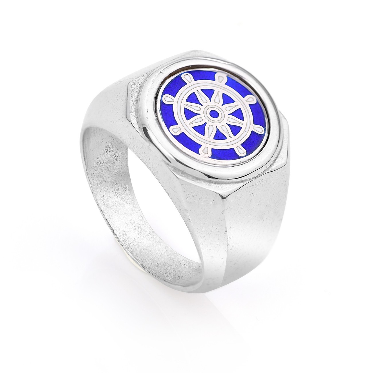 Anello da Uomo in argento con timone con smalto blu