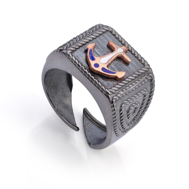 Anello da Uomo in argento brunito con ancora rose