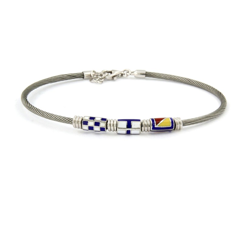 Bracciale in argento con cavetto in acciaio e elementi smaltati
