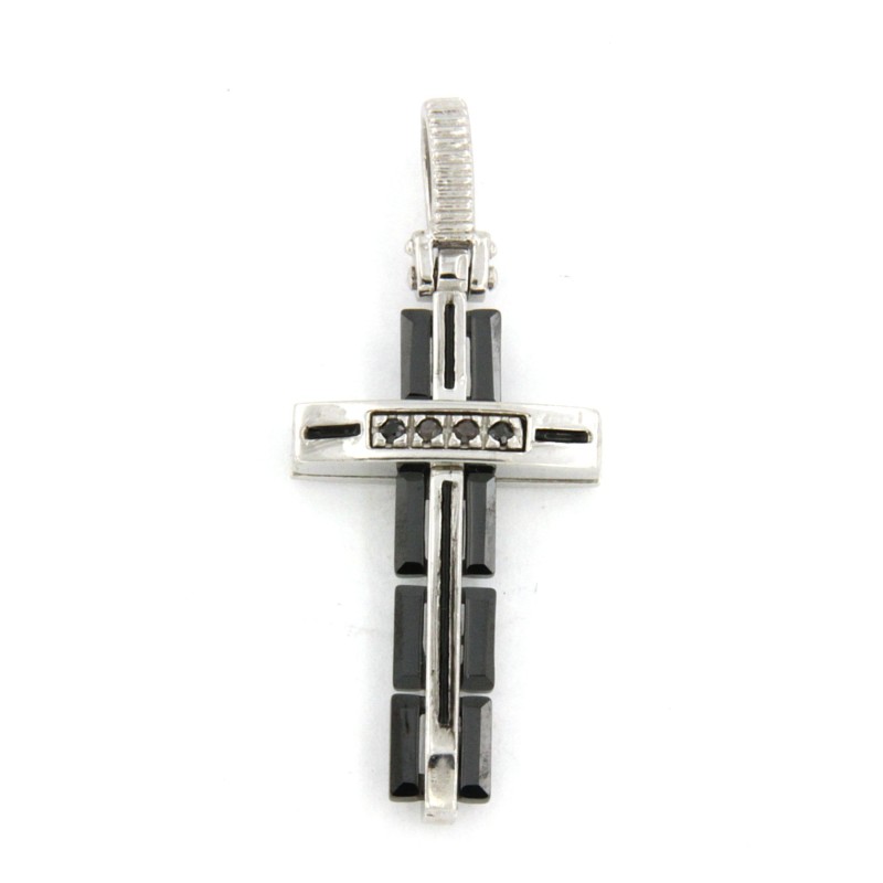 Croce in argento con ceramica e pietre nere