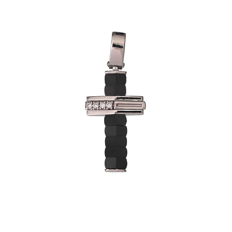 Croce in argento con ceramica e pietre bianche