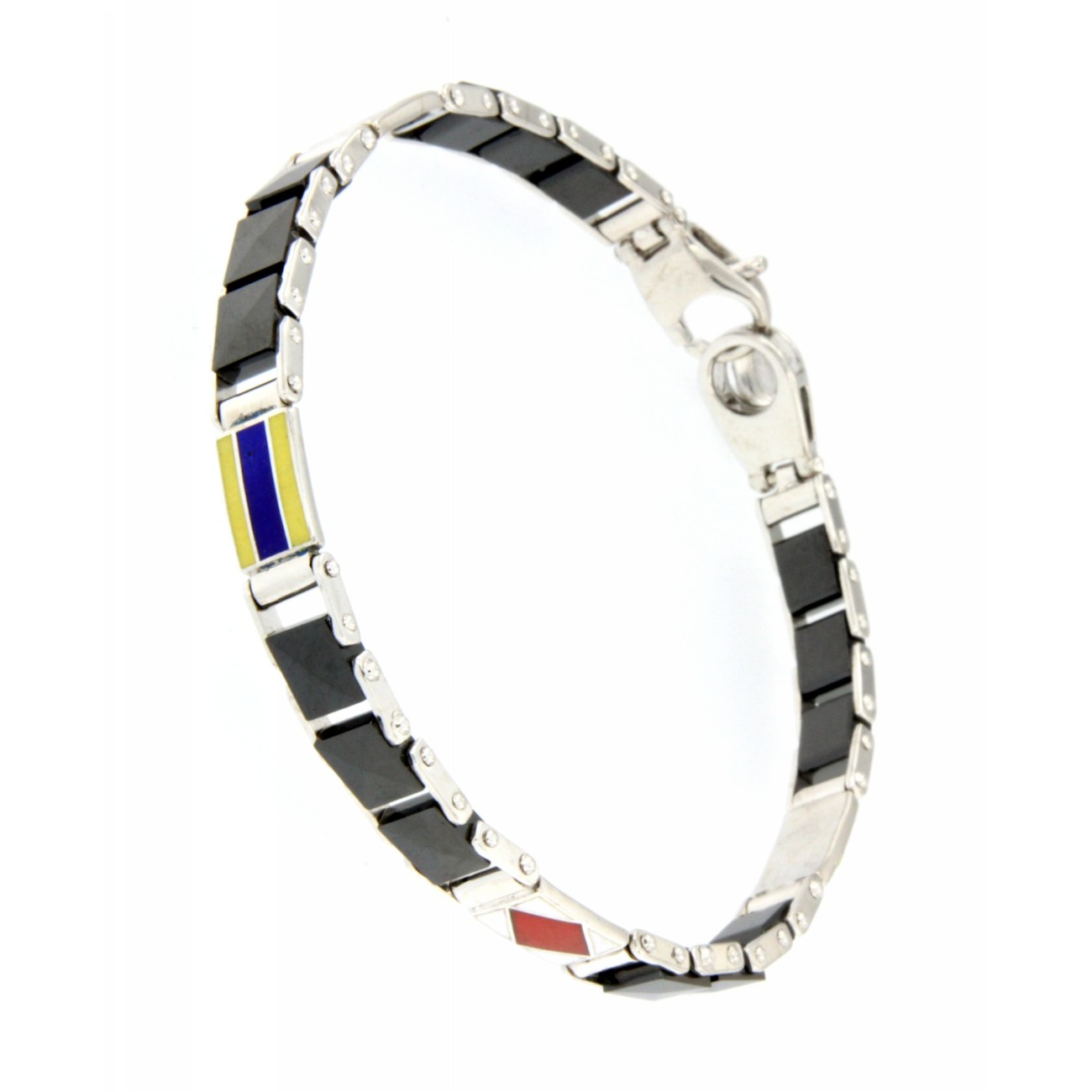 Bracciale Uomo in Argento con Ceramica nera e Bandiere Nautiche