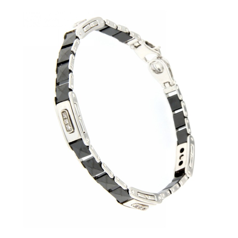 Bracciale in Argento con Ceramica Nera e Pietre Bianche