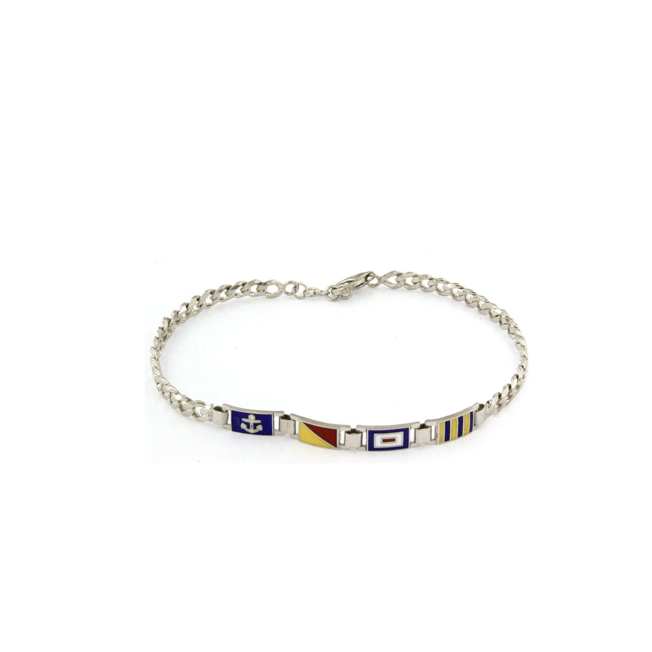Bracciale in Argento bianco con Catena Groumette rigida e Bandiere Nautiche