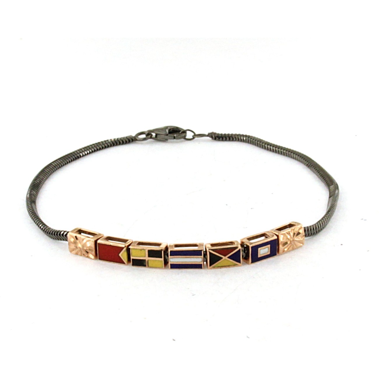 bracciale in argento con catena nera e elementi nautici rosè