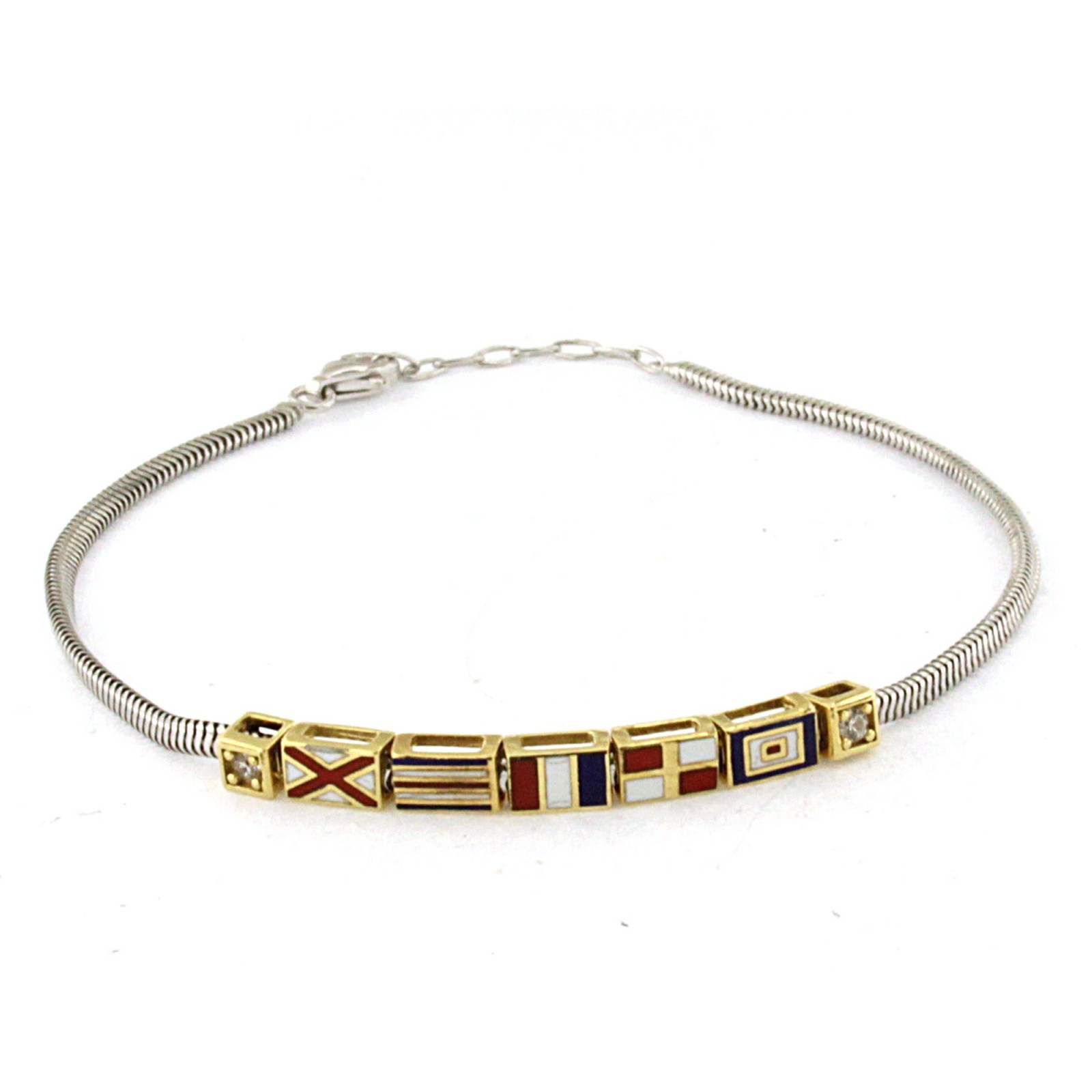 bracciale in argento con catena bianca e elementi nautici gialli