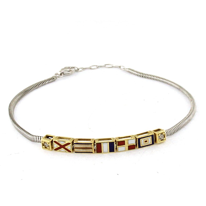 bracciale in argento con catena bianca e elementi nautici gialli