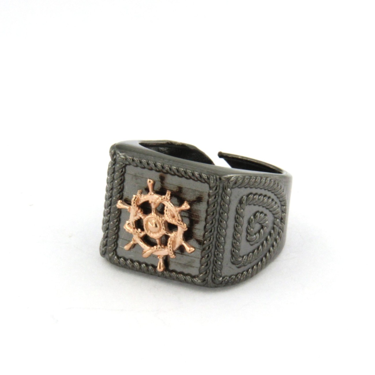 anello da Uomo in argento nero con timone rosè