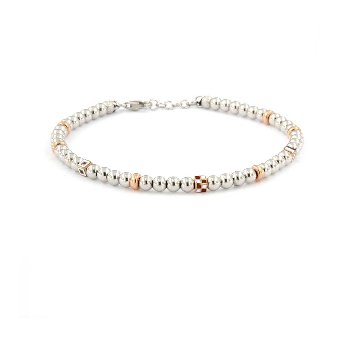 bracciale in argento con sfere bianche e cubetti rosè