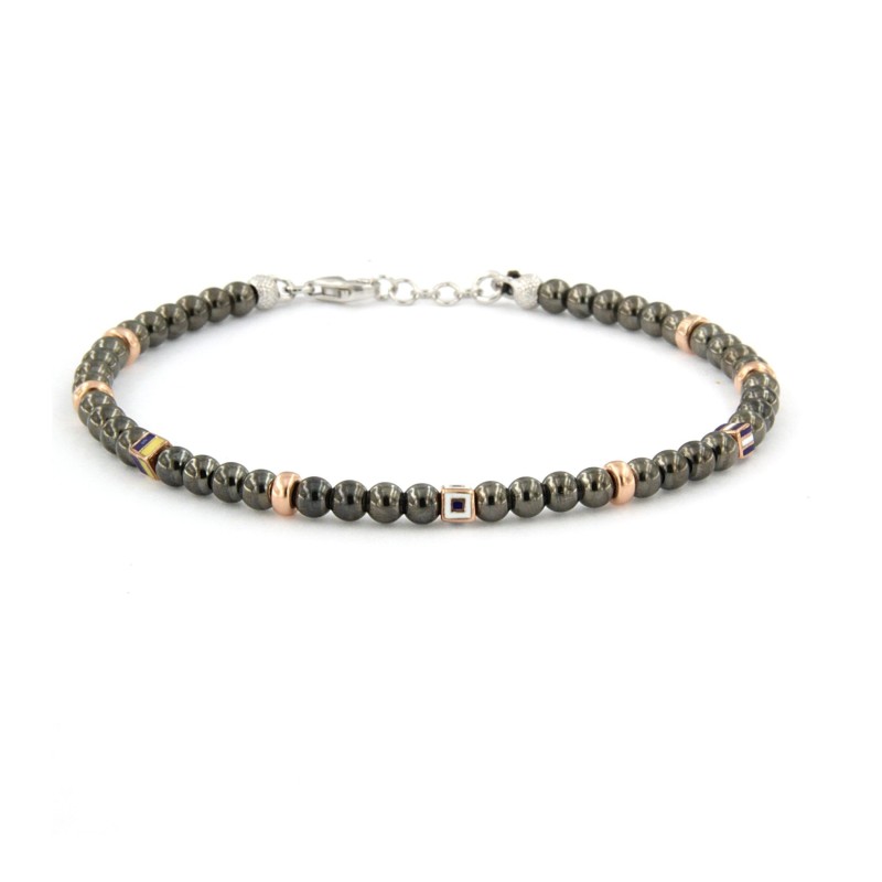 bracciale in argento nero con palline e elementi rosè