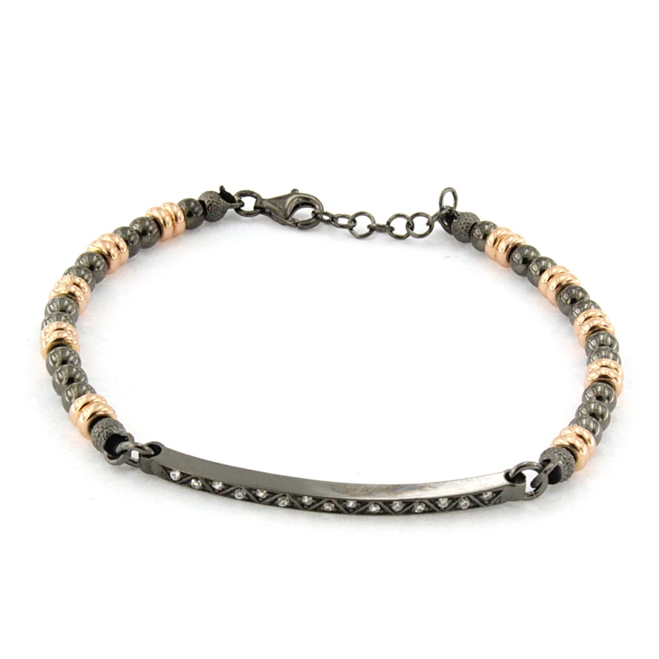 bracciale in argento con sfere nere dettagli in argento rosè e pietre