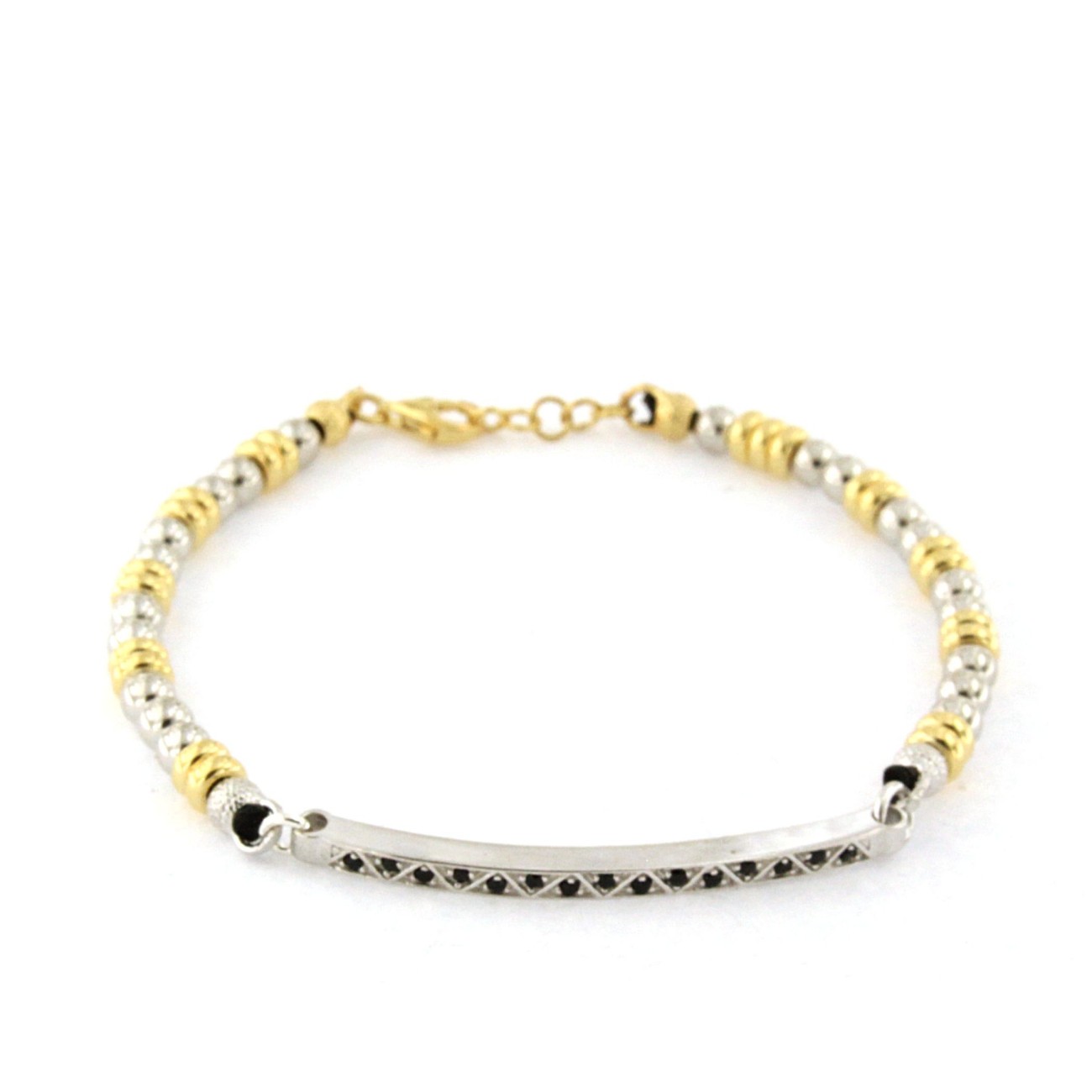 bracciale in argento con sfere bianche dettagli in argento giallo e pietre