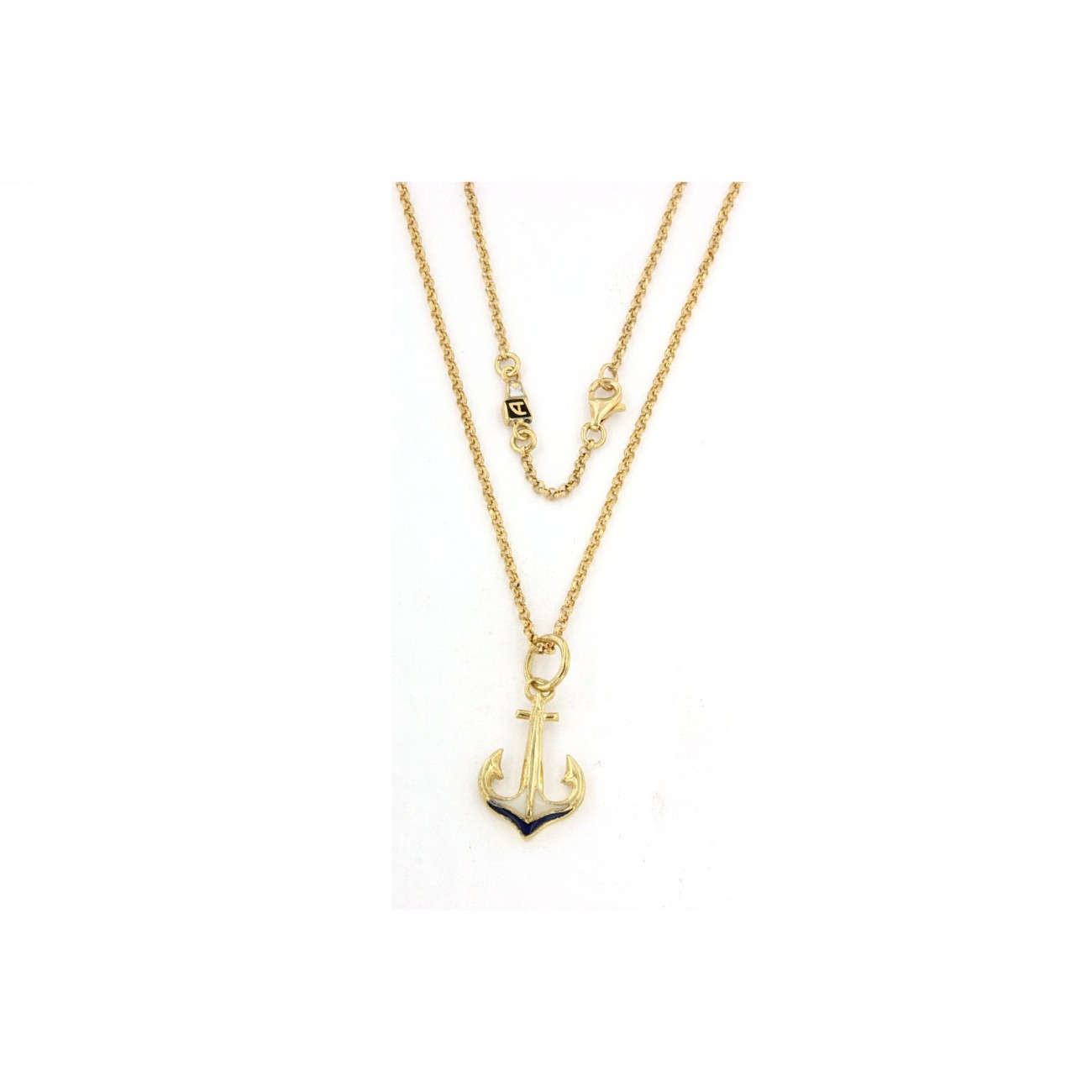 collana con ancora in argento giallo e smalto bianco e blu