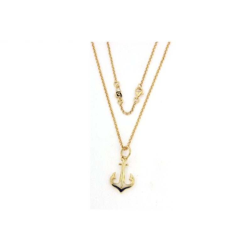 collana con ancora in argento giallo e smalto bianco e blu