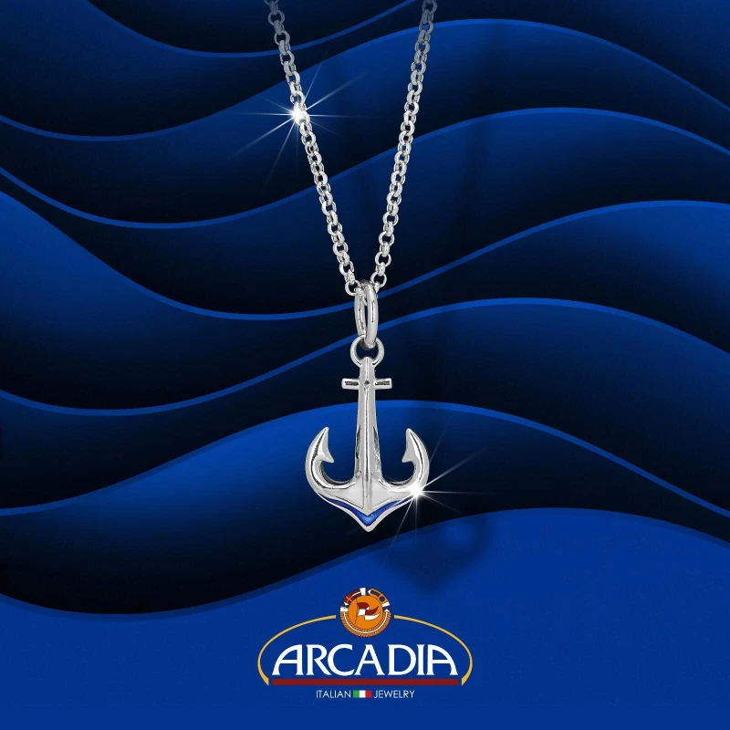 collana con ancora in argento giallo e smalto bianco e blu